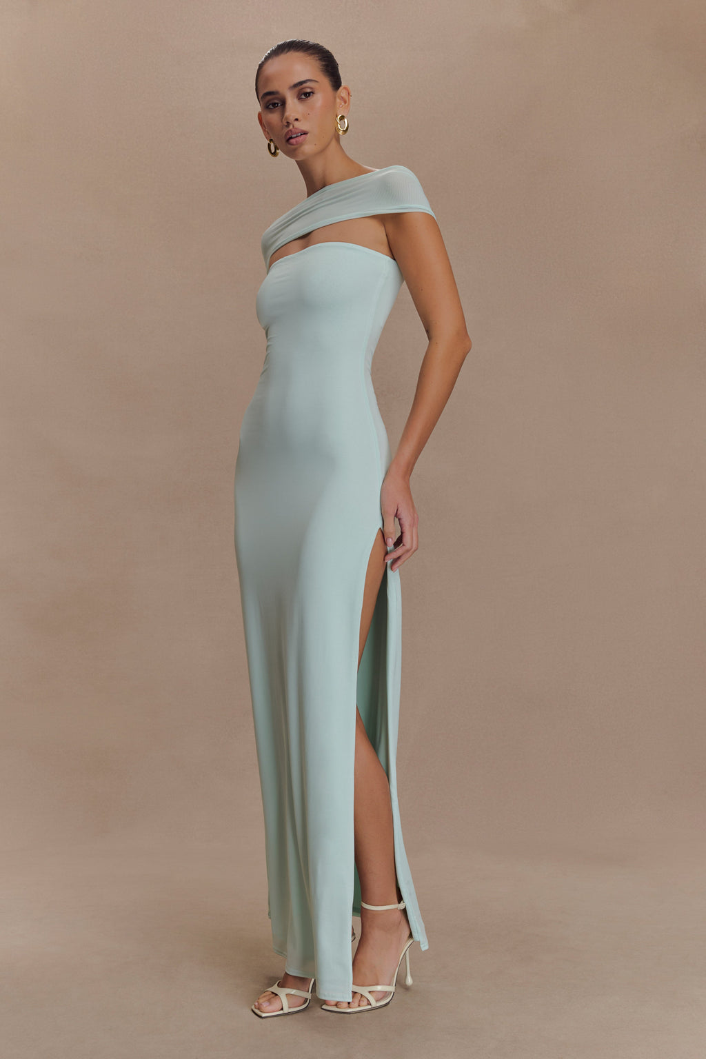 Aurora Slinky And Mesh Split Maxi Dress in Lagoon – Chic&Drifts