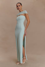 Aurora Slinky And Mesh Split Maxi Dress in Lagoon – Chic&Drifts