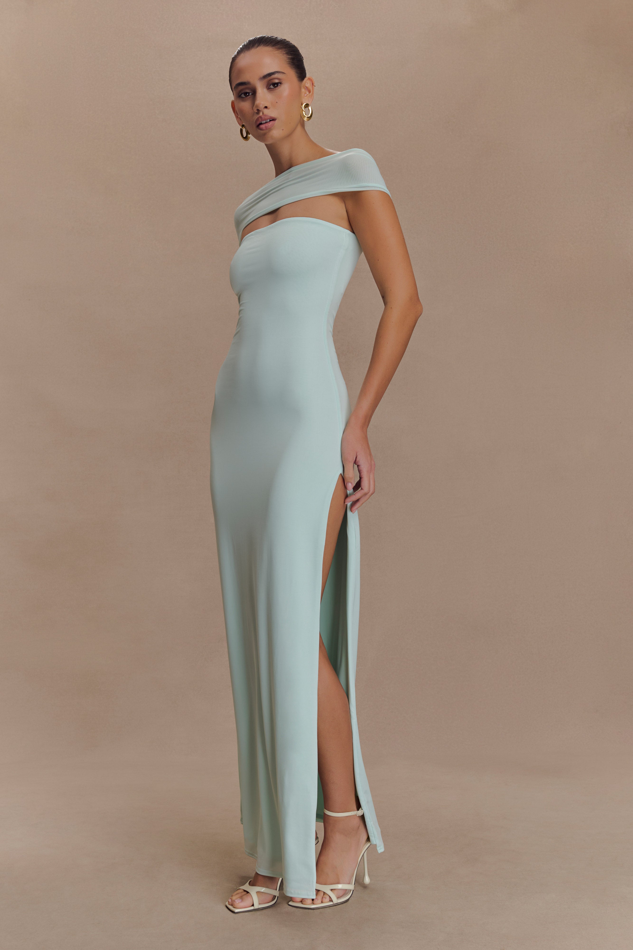 Aurora Slinky And Mesh Split Maxi Dress in Lagoon – Chic&Drifts