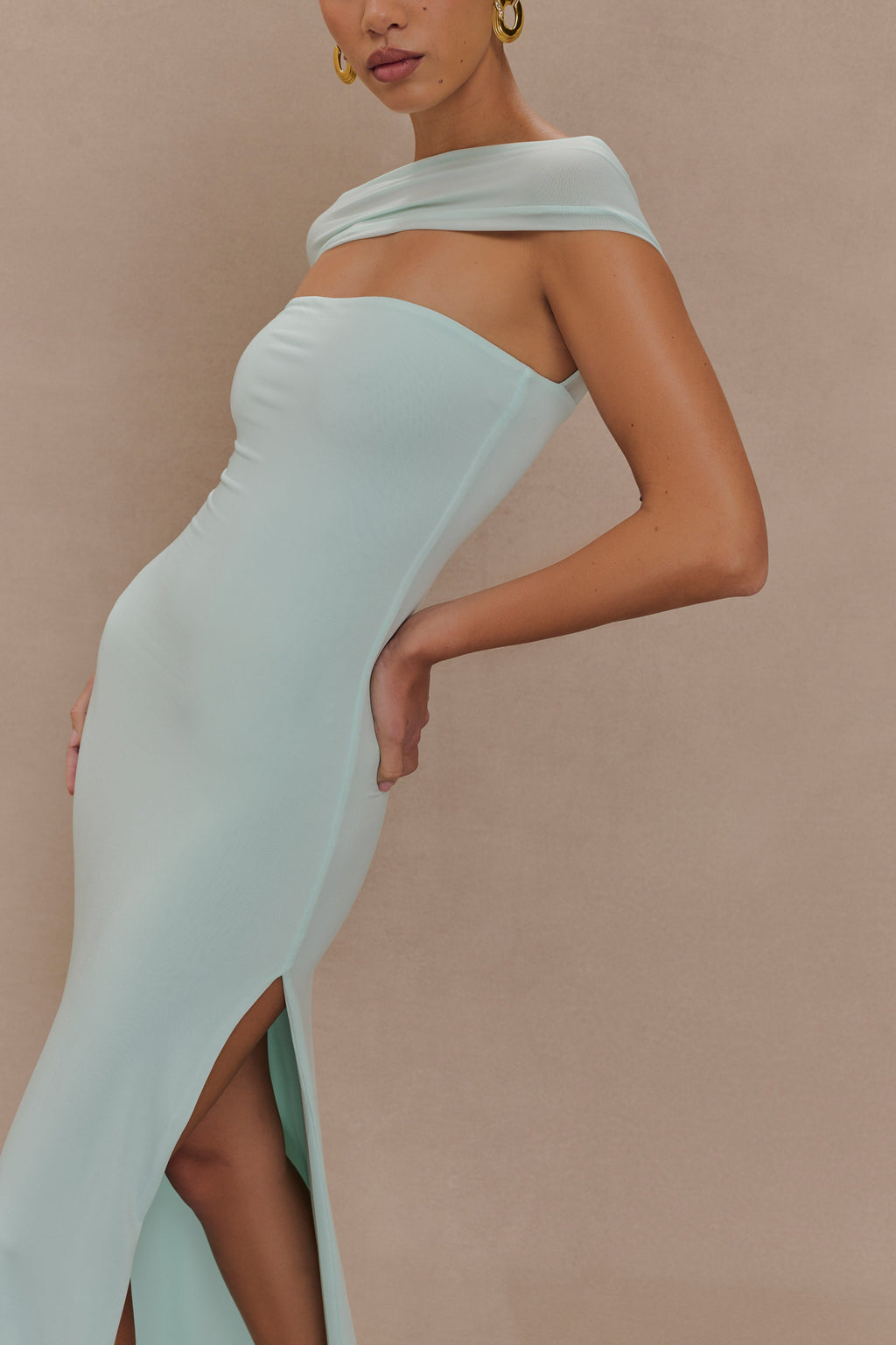 Aurora Slinky And Mesh Split Maxi Dress in Lagoon – Chic&Drifts