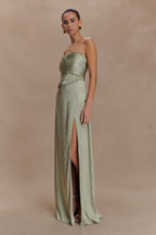 Larissa Satin Maxi Dress With Ruched Petals in Sage – Chic&Drifts