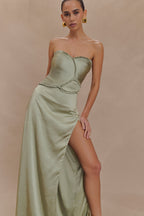Larissa Satin Maxi Dress With Ruched Petals in Sage – Chic&Drifts