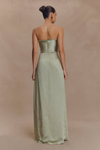 Larissa Satin Maxi Dress With Ruched Petals in Sage – Chic&Drifts