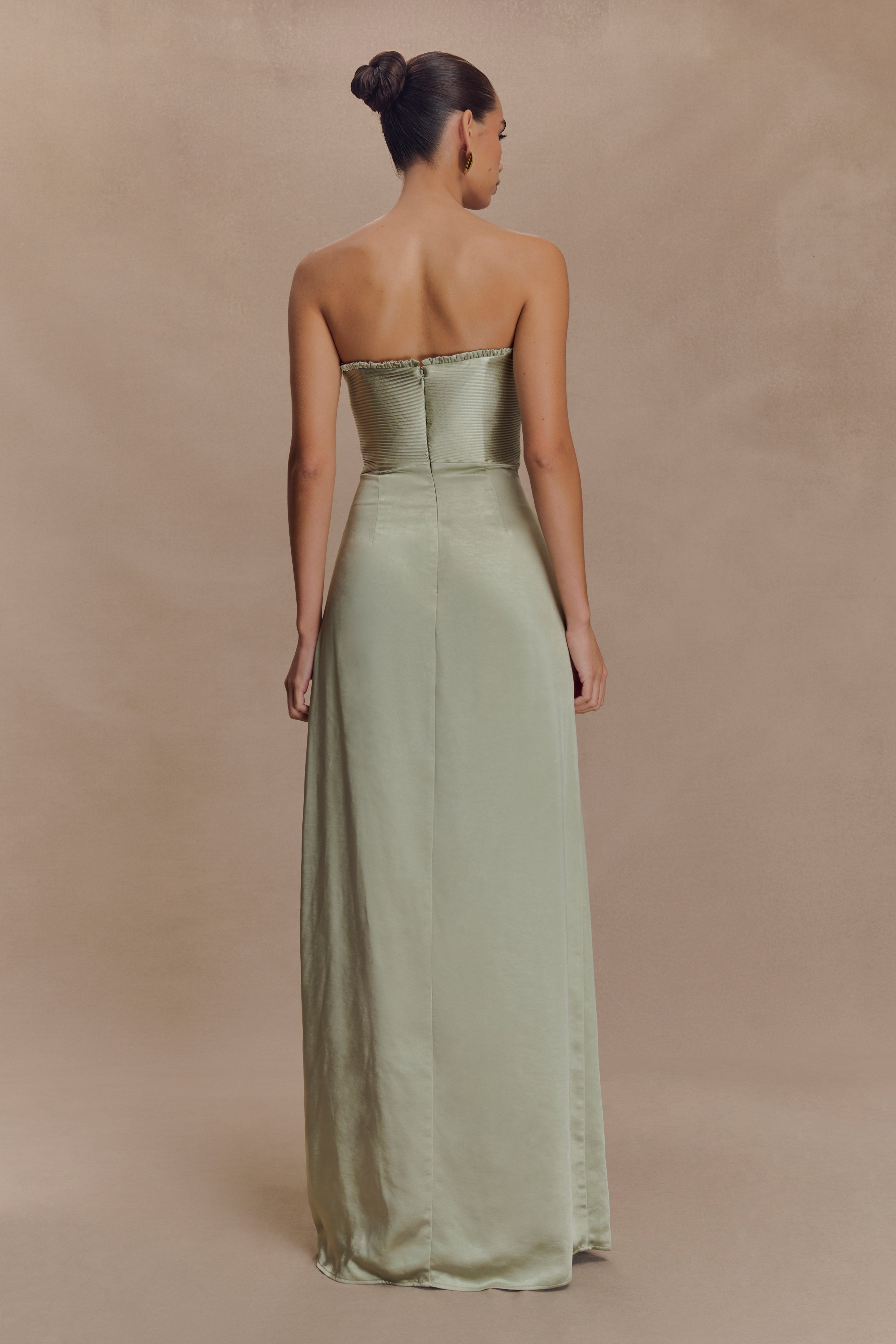 Larissa Satin Maxi Dress With Ruched Petals in Sage – Chic&Drifts