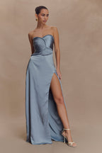 Larissa Satin Maxi Dress With Ruched Petals in Frosted Blue – Chic&Drifts