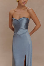 Larissa Satin Maxi Dress With Ruched Petals in Frosted Blue – Chic&Drifts
