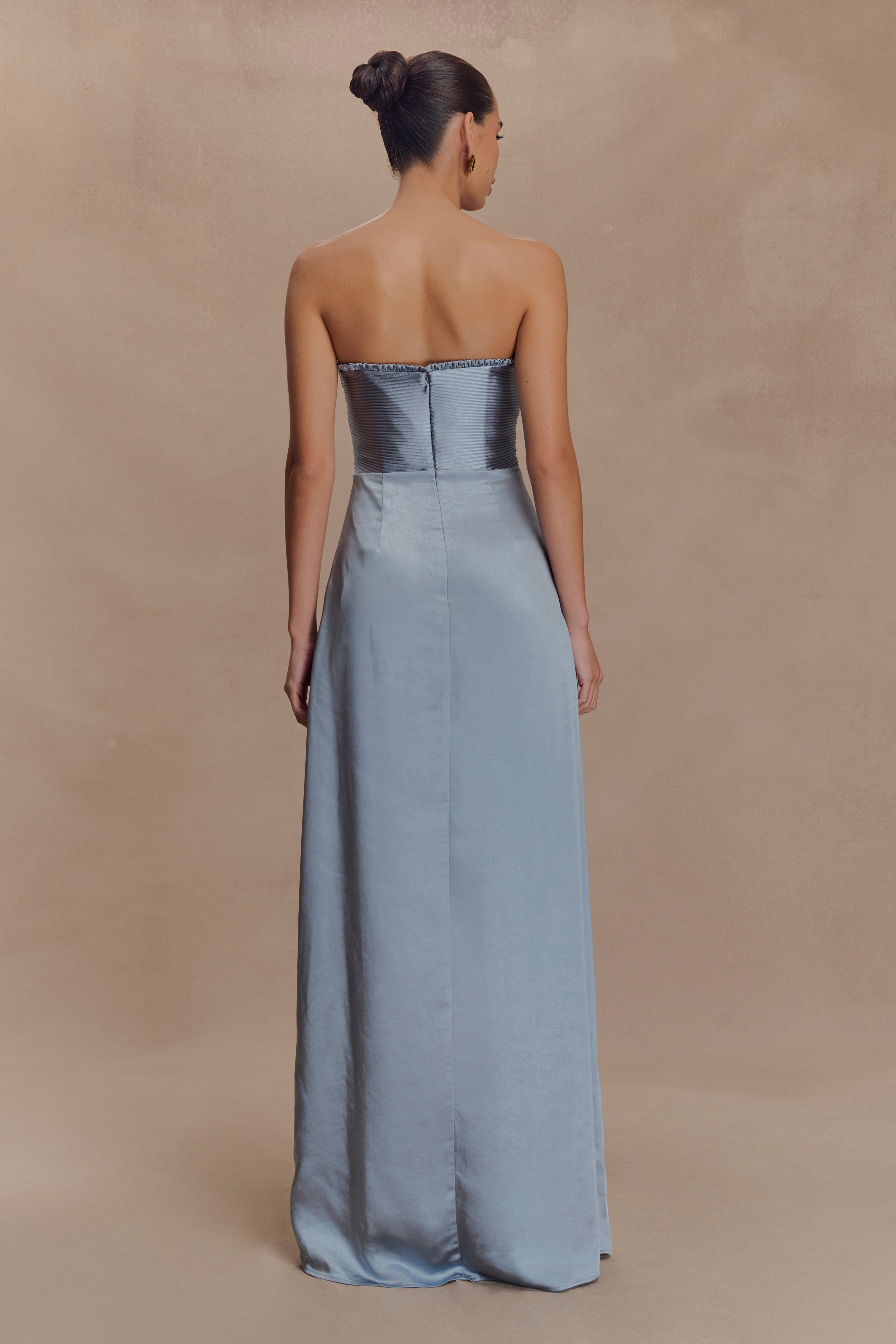 Larissa Satin Maxi Dress With Ruched Petals in Frosted Blue – Chic&Drifts