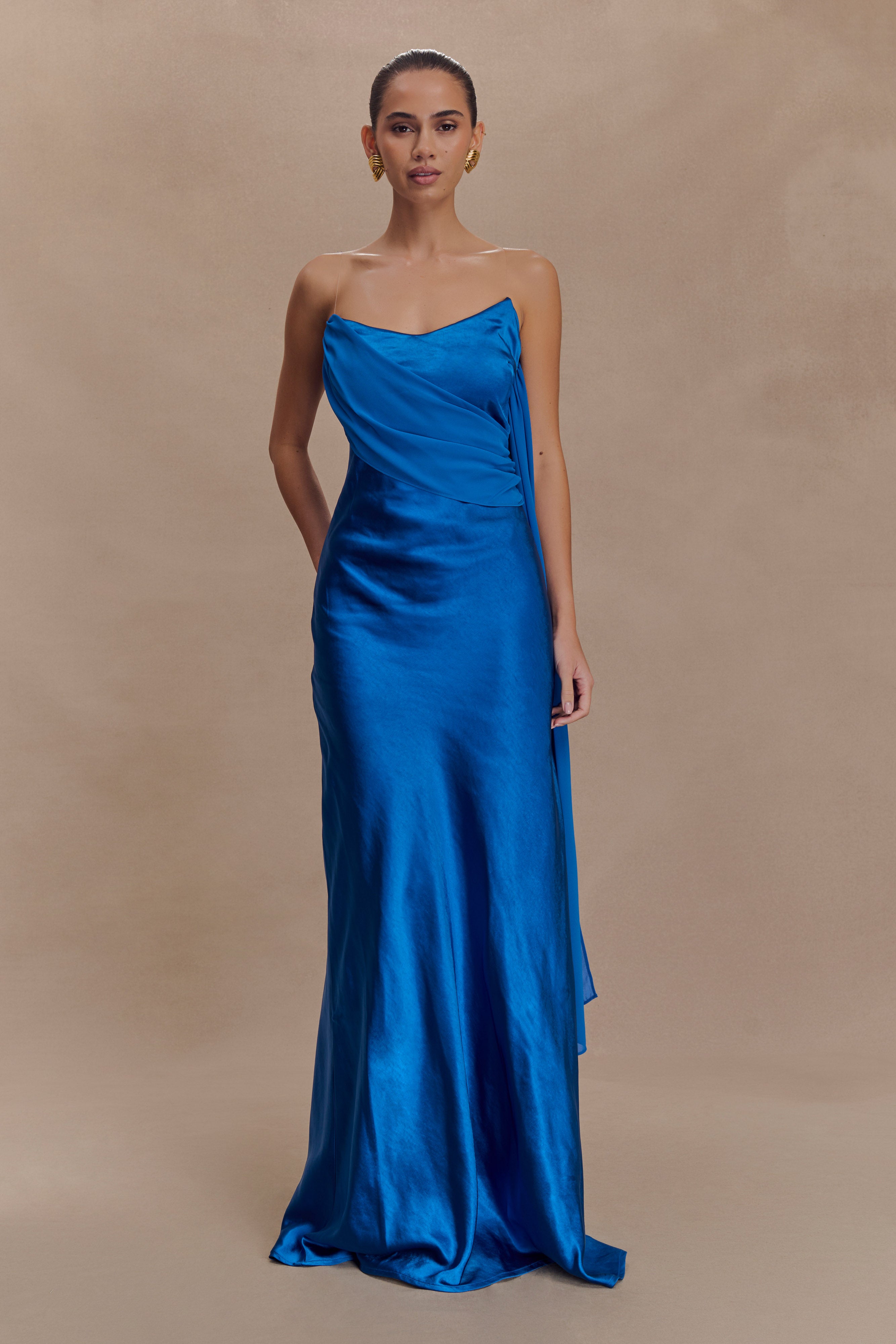 Carah Satin And Chiffon Maxi Dress in Cobalt – Chic&Drifts
