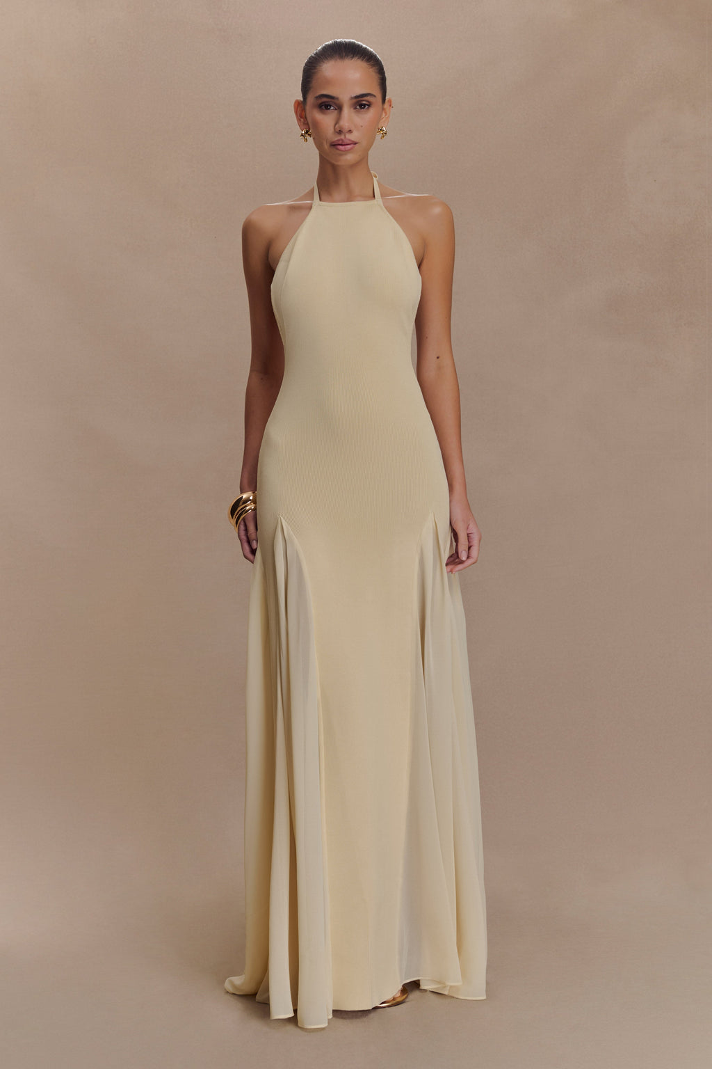 Soleil Knit And Mesh Halter Maxi Dress in Cream – Chic&Drifts