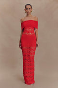Solstice Off Shoulder Crochet Knit Maxi Dress in Blood Orange – Chic&Drifts