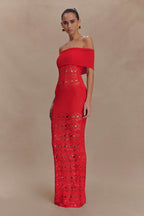 Solstice Off Shoulder Crochet Knit Maxi Dress in Blood Orange – Chic&Drifts