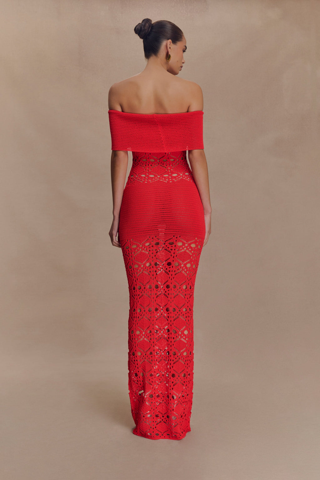 Solstice Off Shoulder Crochet Knit Maxi Dress in Blood Orange – Chic&Drifts