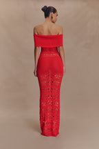 Solstice Off Shoulder Crochet Knit Maxi Dress in Blood Orange – Chic&Drifts
