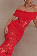 Solstice Off Shoulder Crochet Knit Maxi Dress in Blood Orange – Chic&Drifts