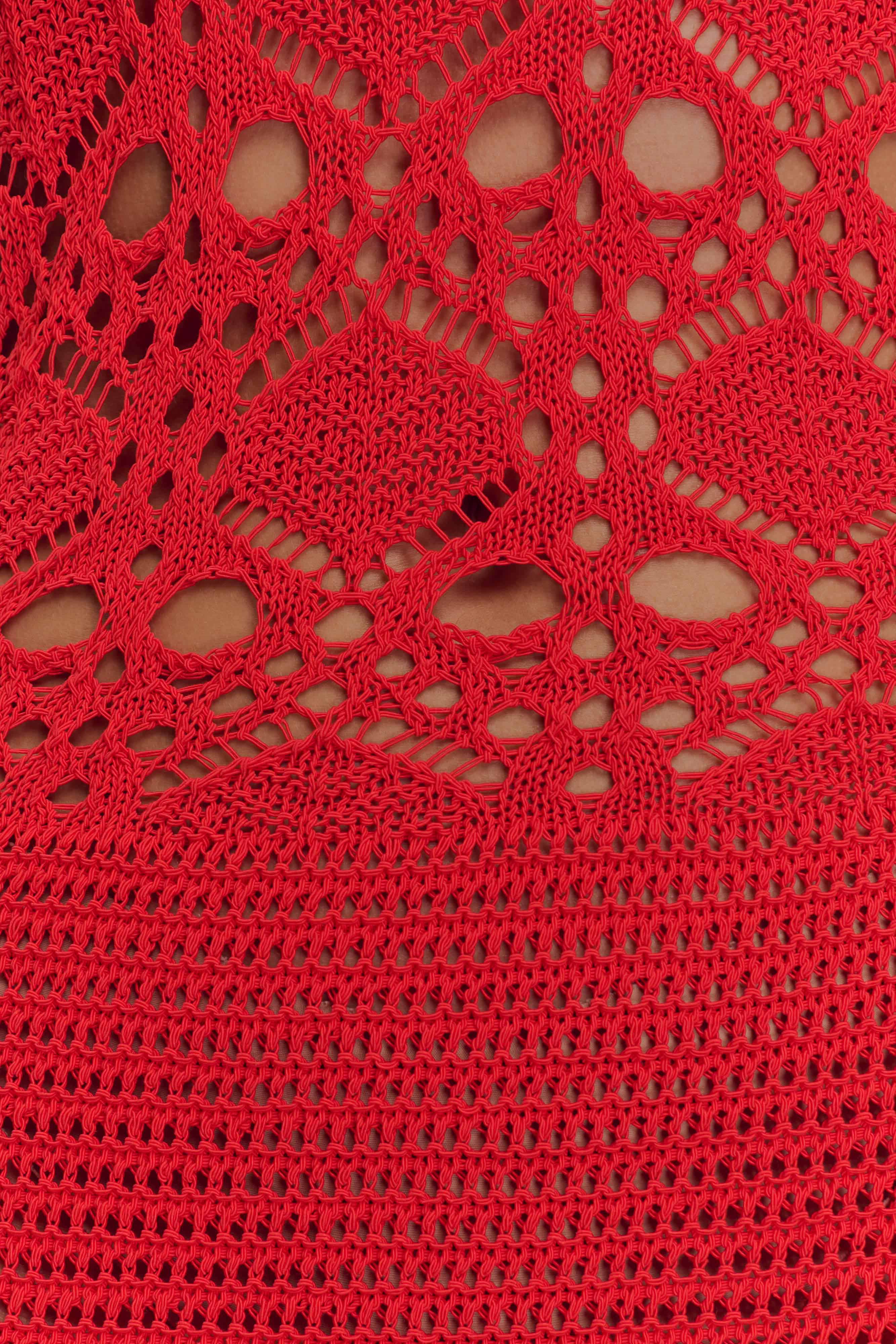 Solstice Off Shoulder Crochet Knit Maxi Dress in Blood Orange – Chic&Drifts