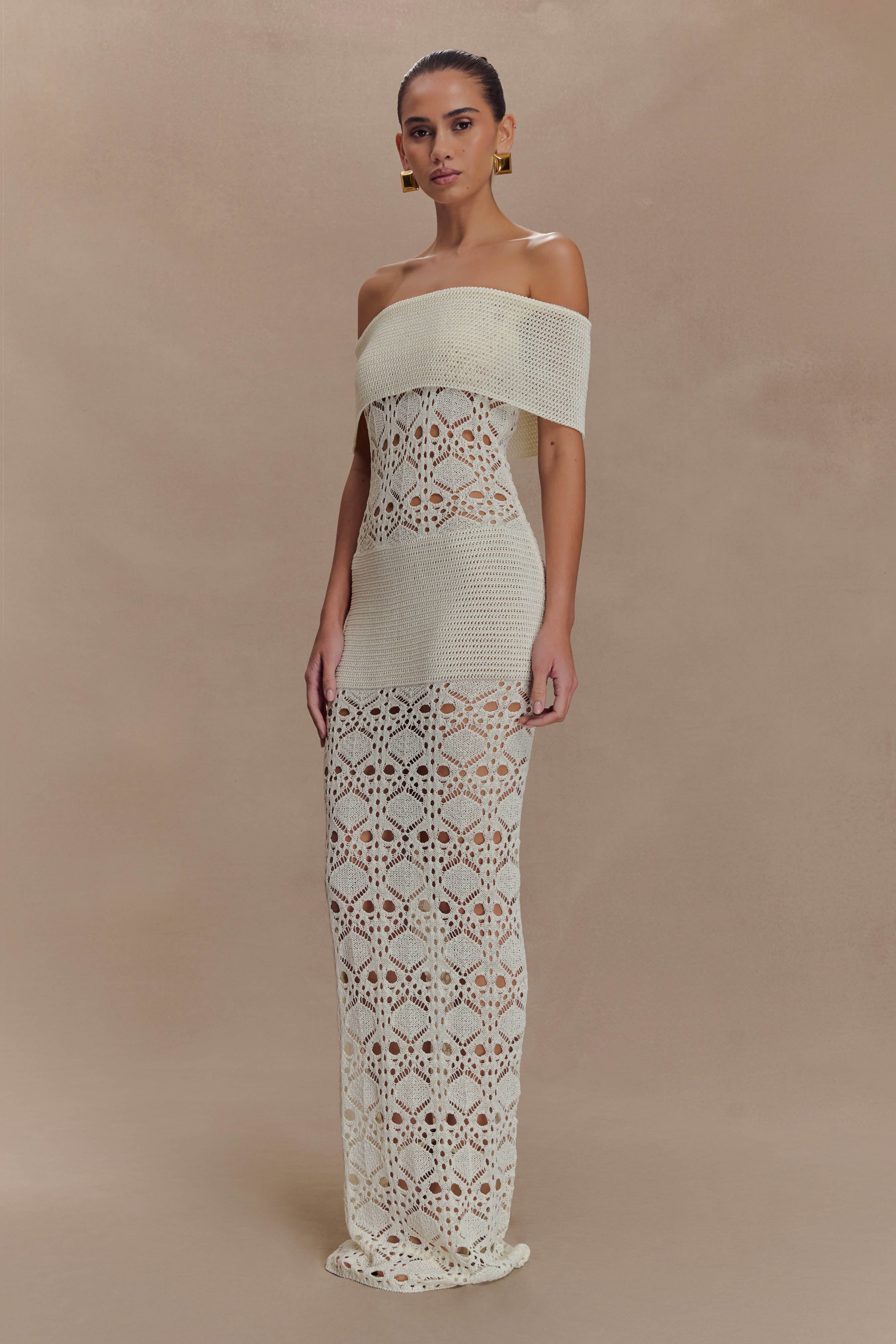 Solstice Off Shoulder Crochet Knit Maxi Dress in Ivory – Chic&Drifts