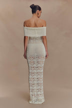 Solstice Off Shoulder Crochet Knit Maxi Dress in Ivory – Chic&Drifts