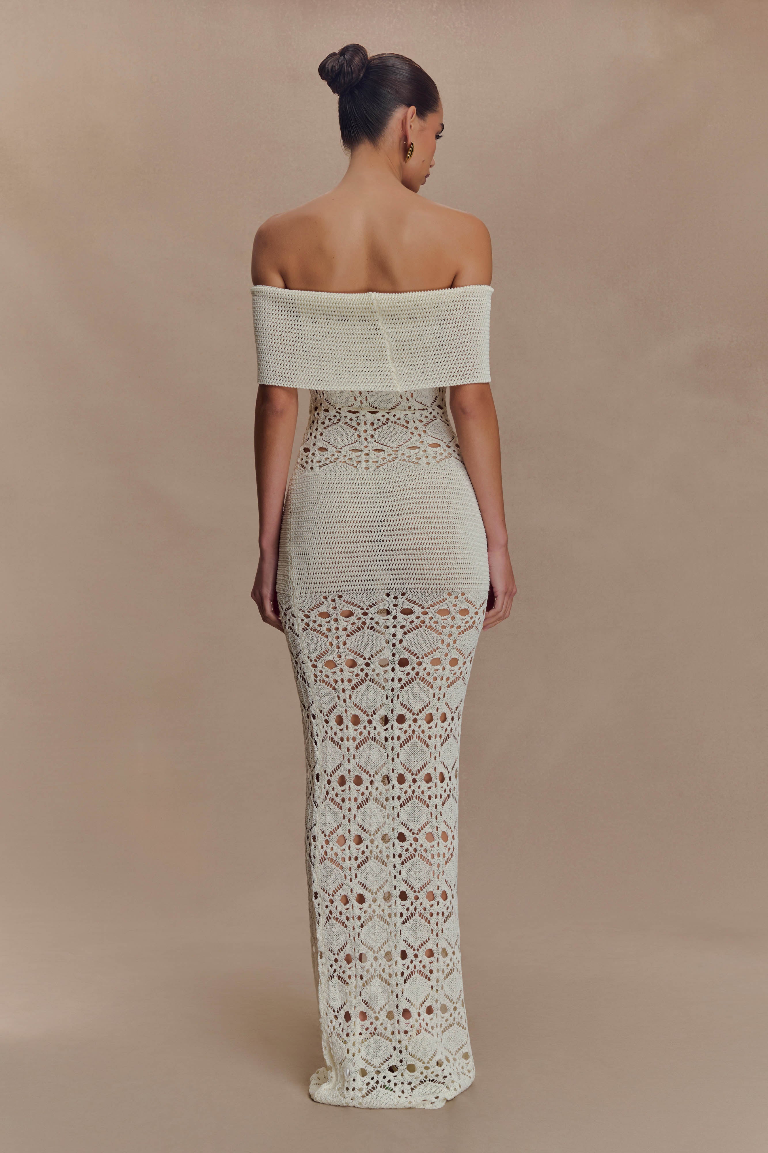 Solstice Off Shoulder Crochet Knit Maxi Dress in Ivory – Chic&Drifts