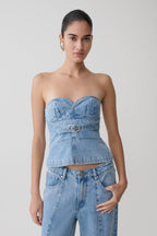 Tommy Strapless Denim Top With Buckle in Classic Blue – Chic&Drifts