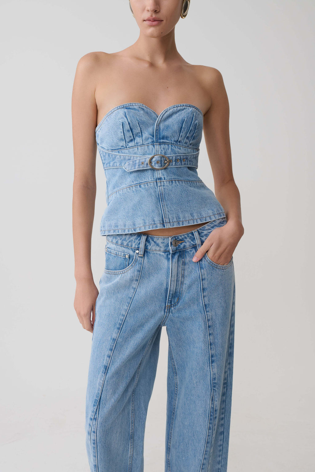 Tommy Strapless Denim Top With Buckle in Classic Blue – Chic&Drifts