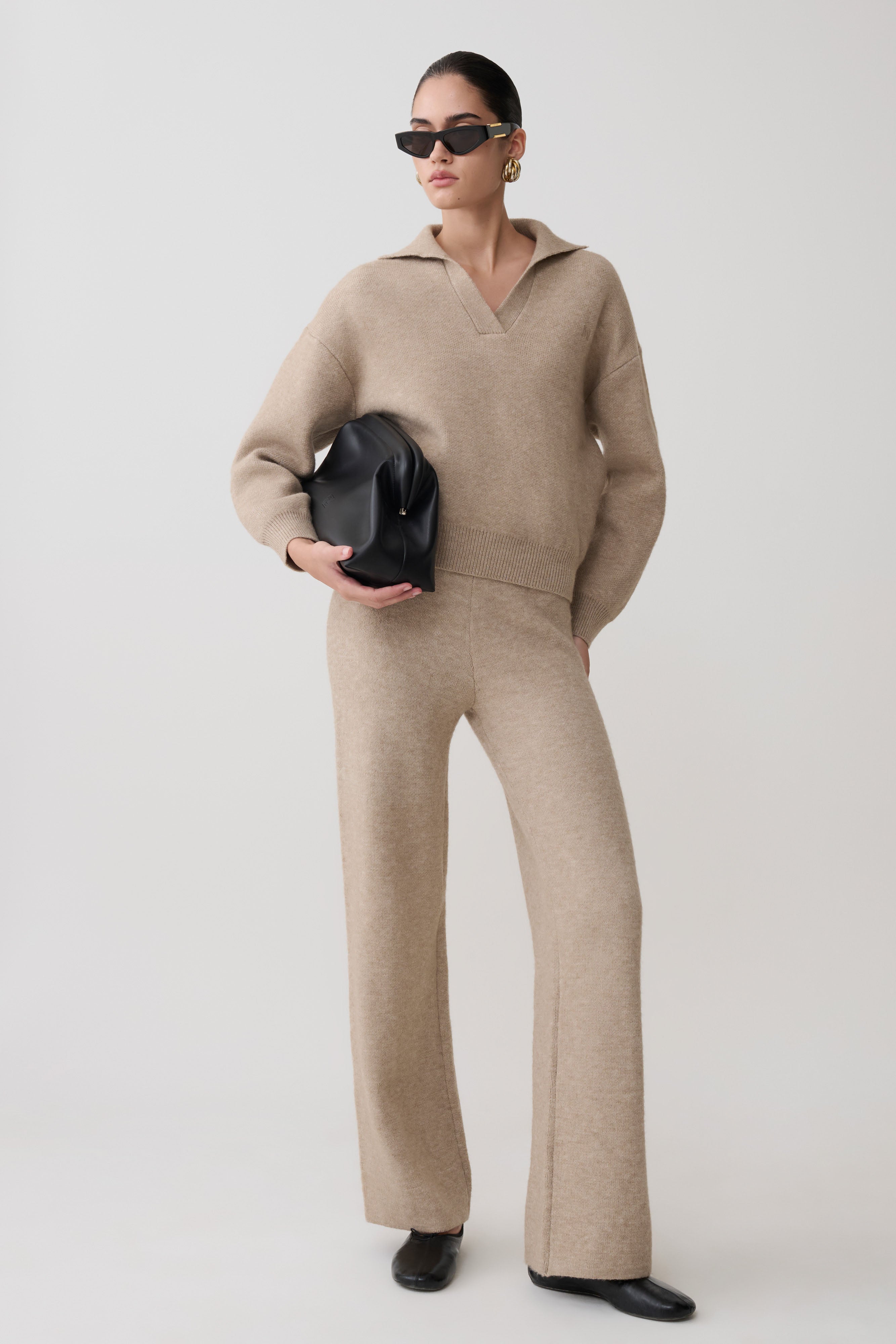 Evan Knit Wide Leg Trousers - Beige Marle