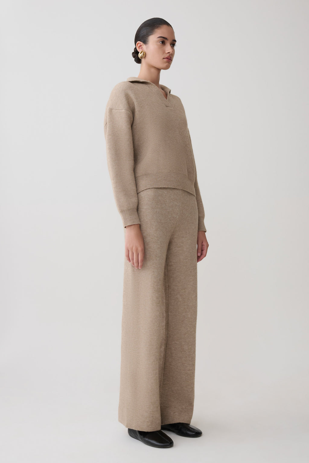 Evan Knit Wide Leg Trousers - Beige Marle