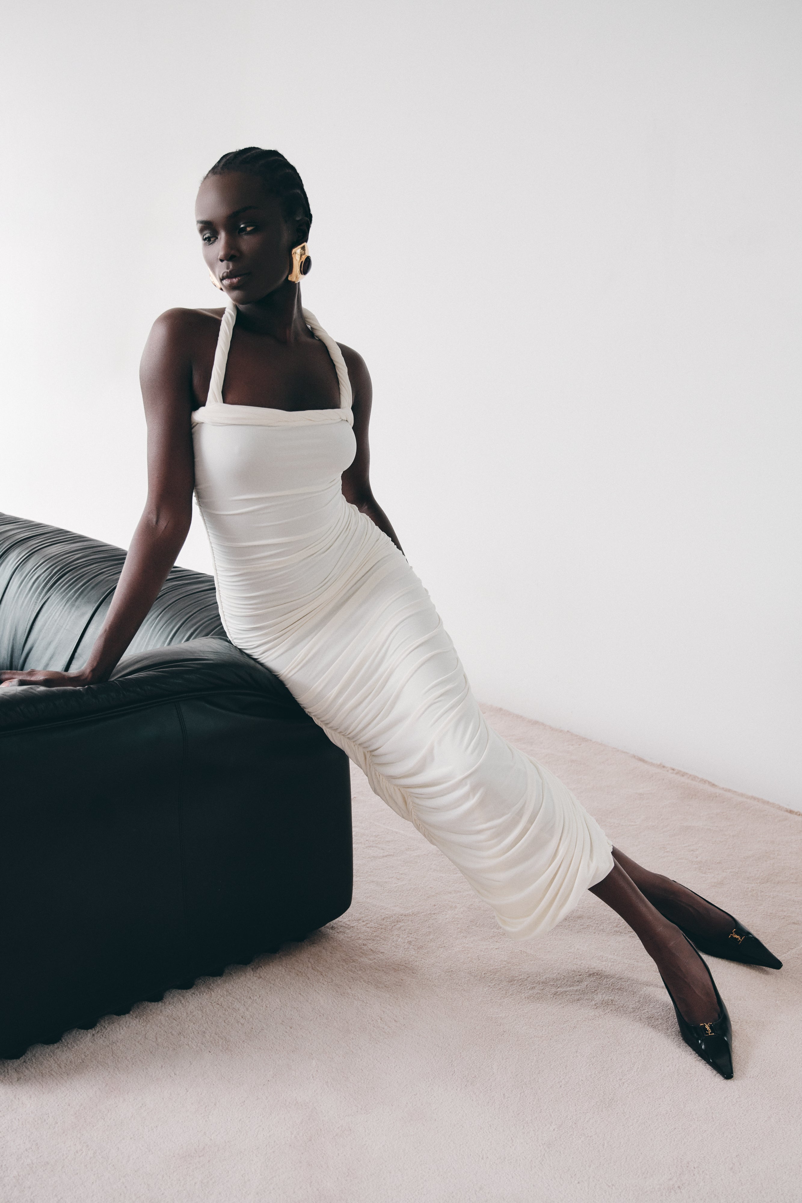 Camila Ruched Halter Midi Dress in Ivory – Chic&Drifts