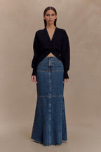 Loretta Denim Maxi Skirt in Washed Dark Blue – Chic&Drifts