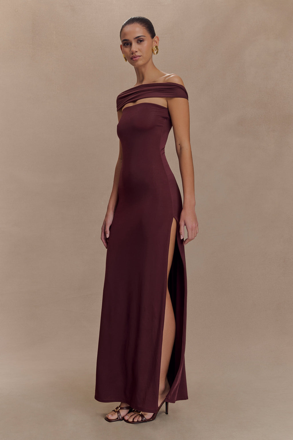 Aurora Slinky And Mesh Split Maxi Dress in Mahogany – Chic&Drifts