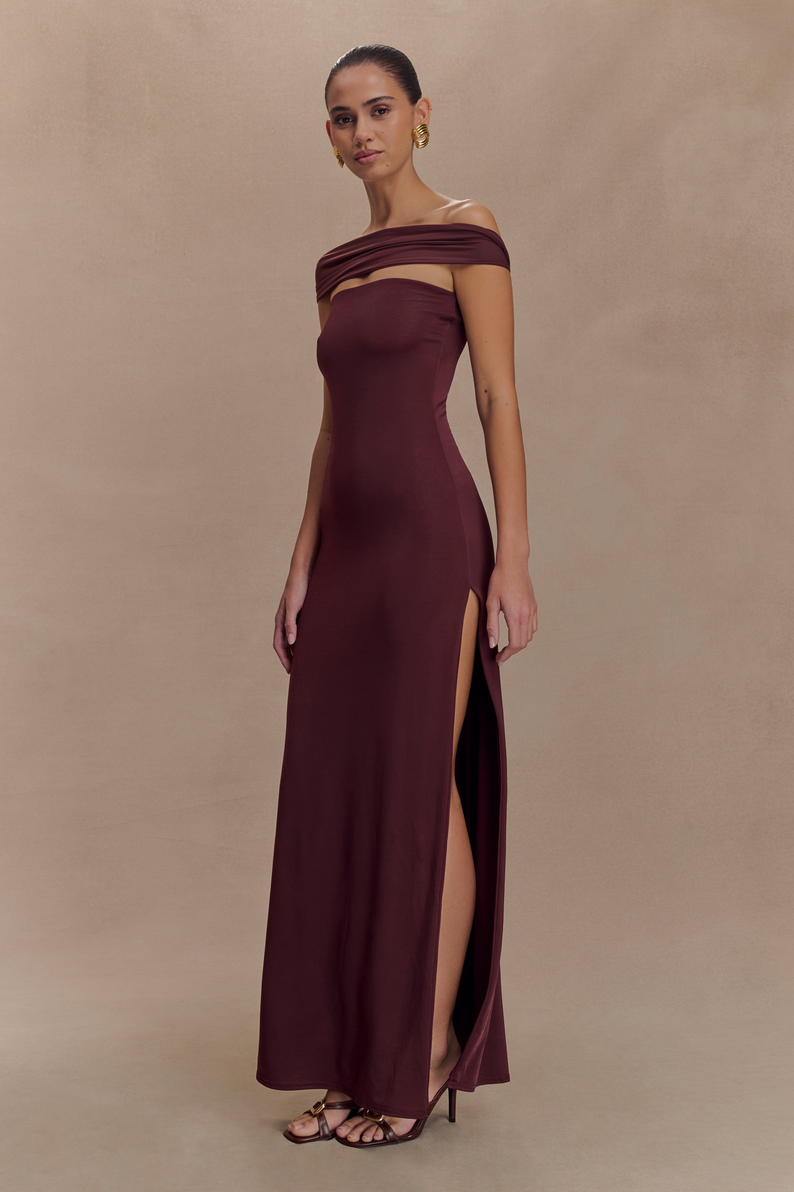 Aurora Slinky And Mesh Split Maxi Dress in Mahogany – Chic&Drifts