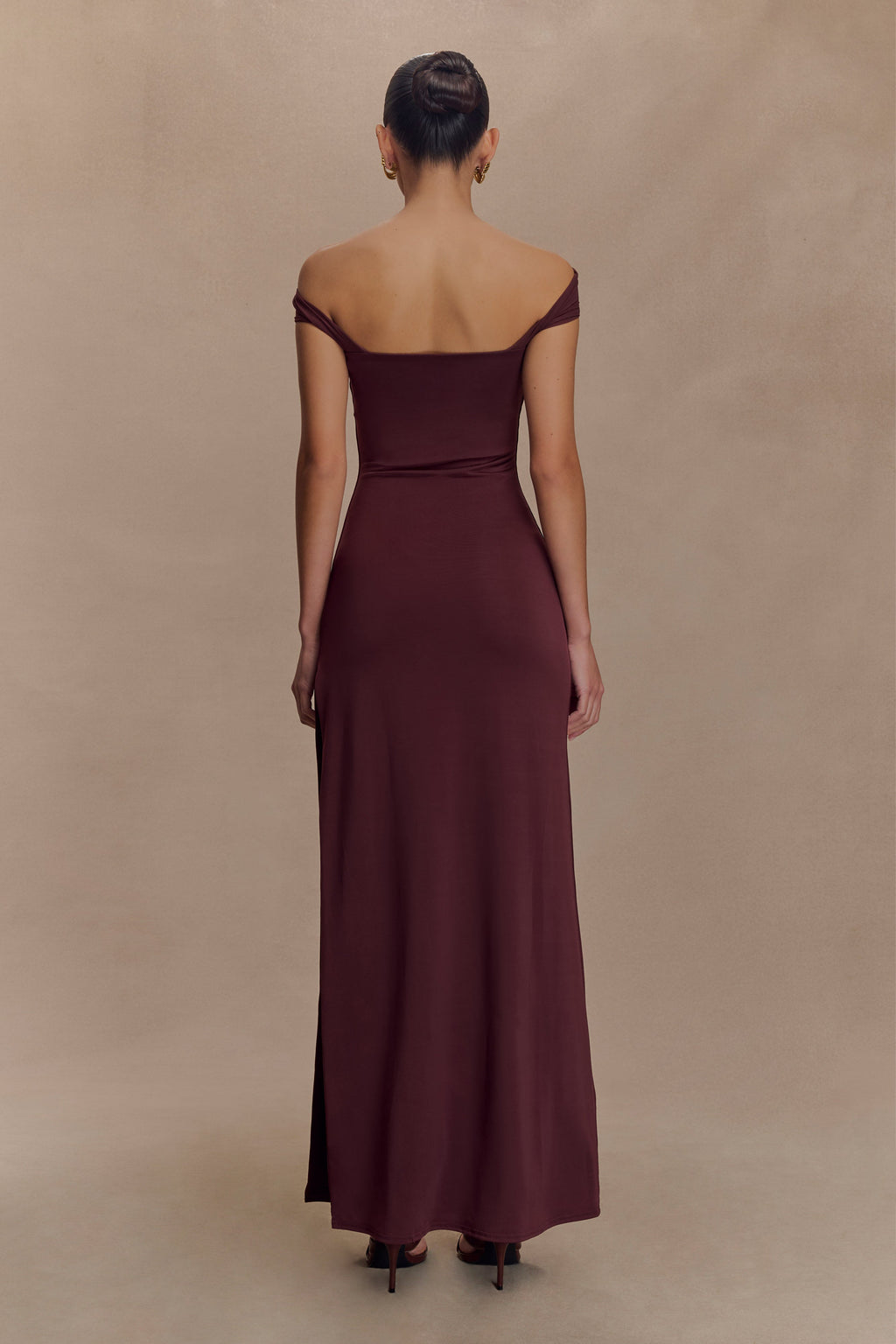 Aurora Slinky And Mesh Split Maxi Dress in Mahogany – Chic&Drifts