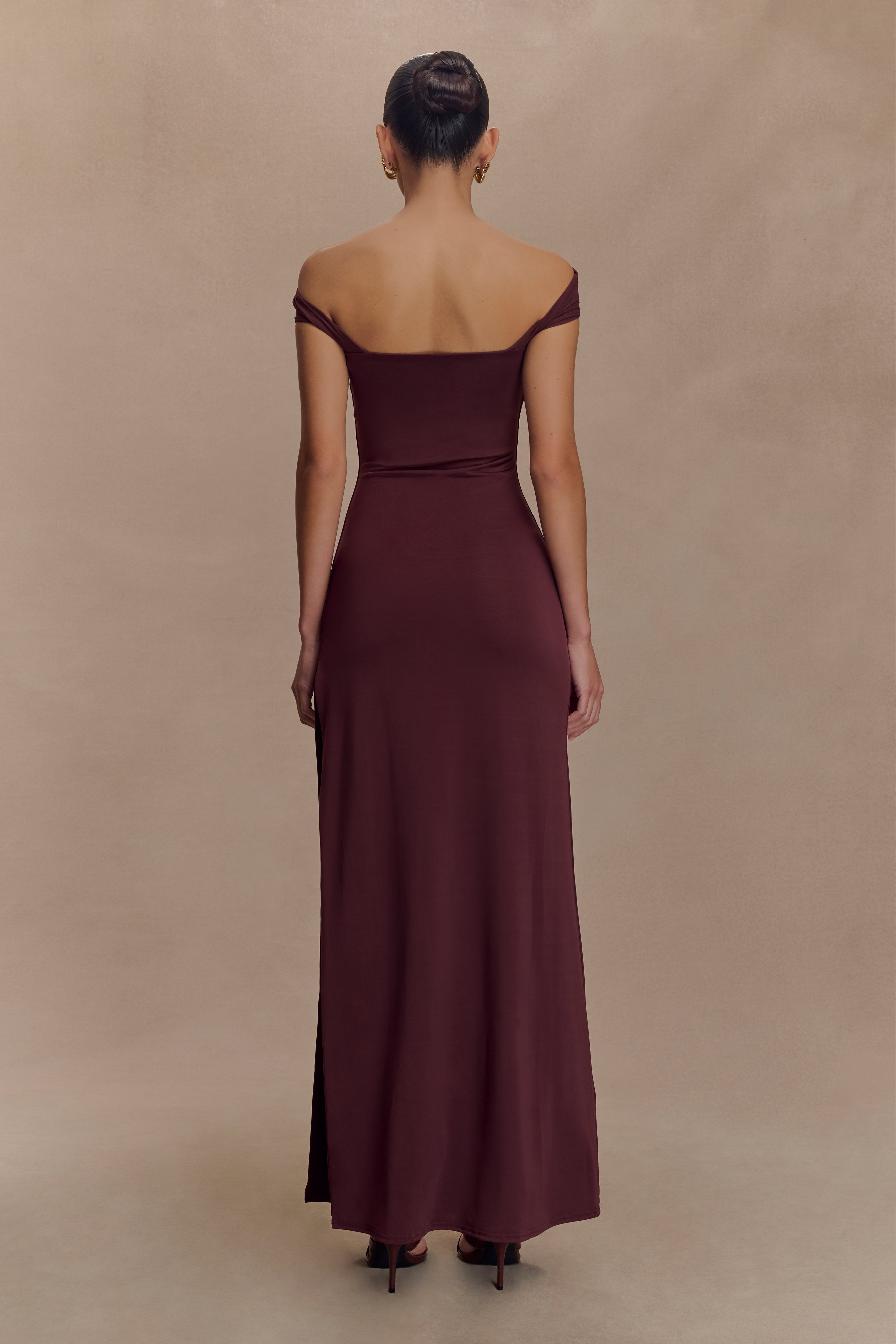 Aurora Slinky And Mesh Split Maxi Dress in Mahogany – Chic&Drifts
