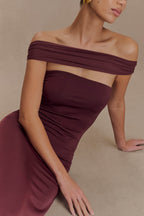Aurora Slinky And Mesh Split Maxi Dress in Mahogany – Chic&Drifts