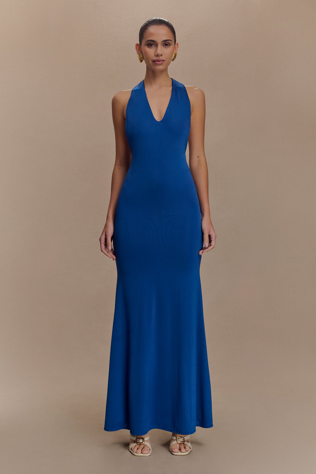 Elke Slinky V Neck Maxi Dress in Cobalt – Chic&Drifts