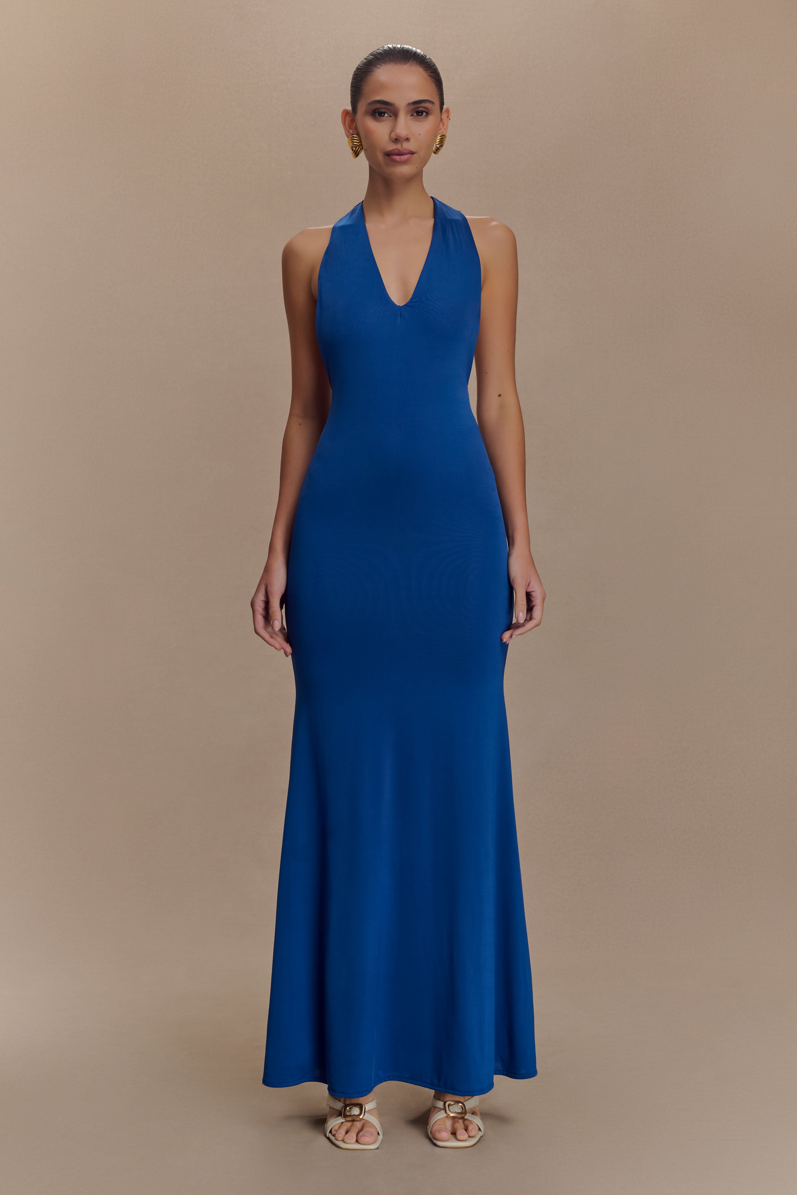 Elke Slinky V Neck Maxi Dress in Cobalt – Chic&Drifts