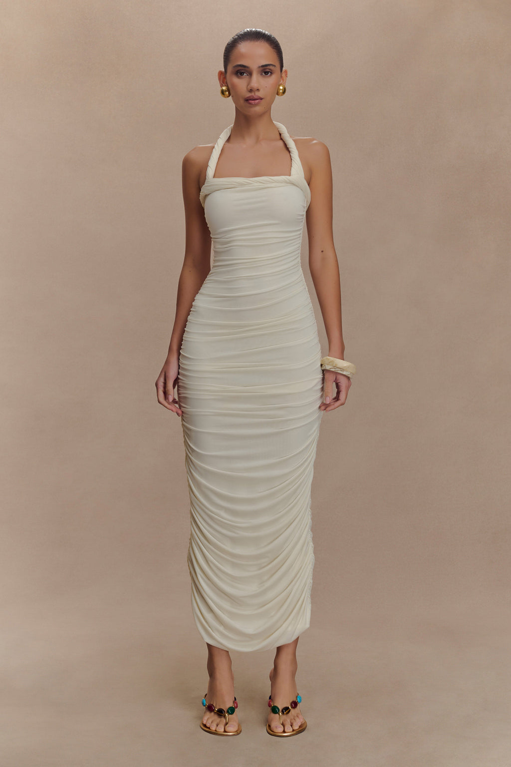 Camila Ruched Halter Midi Dress in Ivory – Chic&Drifts