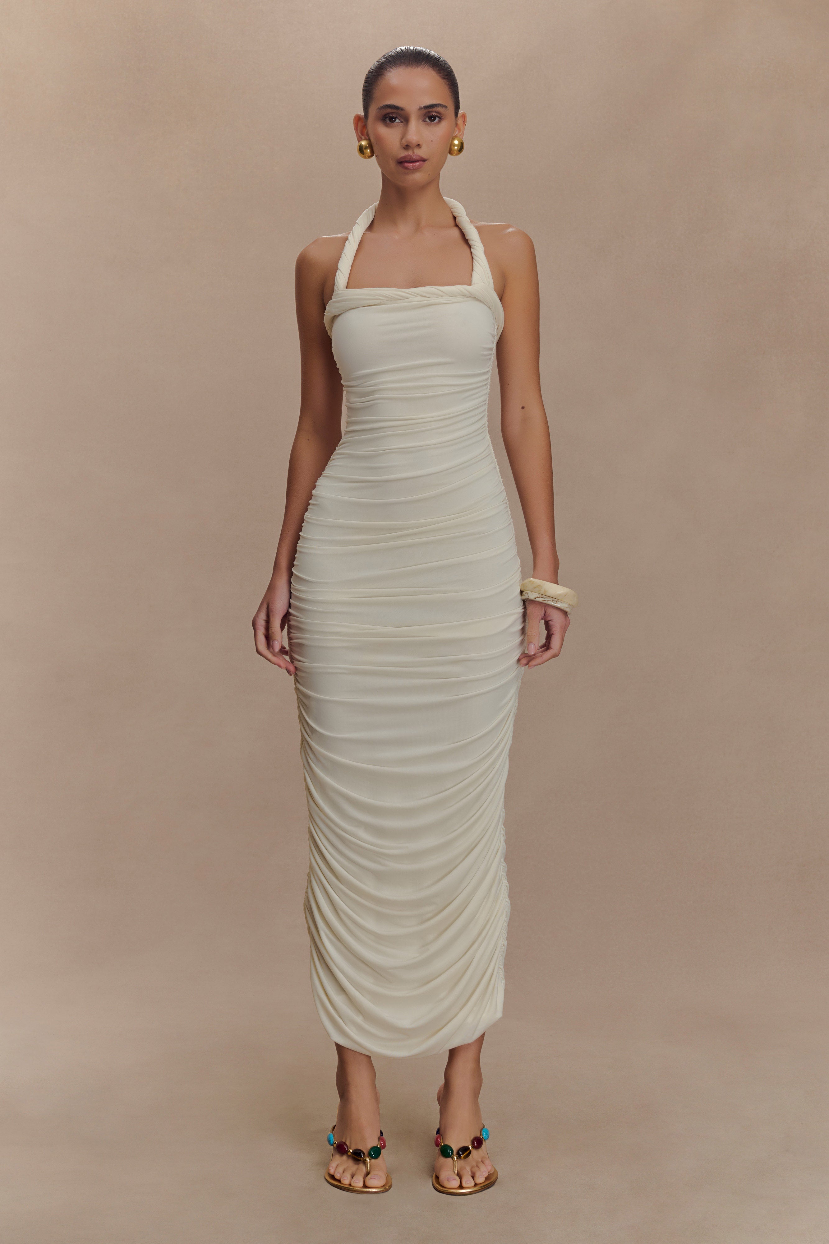 Camila Ruched Halter Midi Dress in Ivory – Chic&Drifts