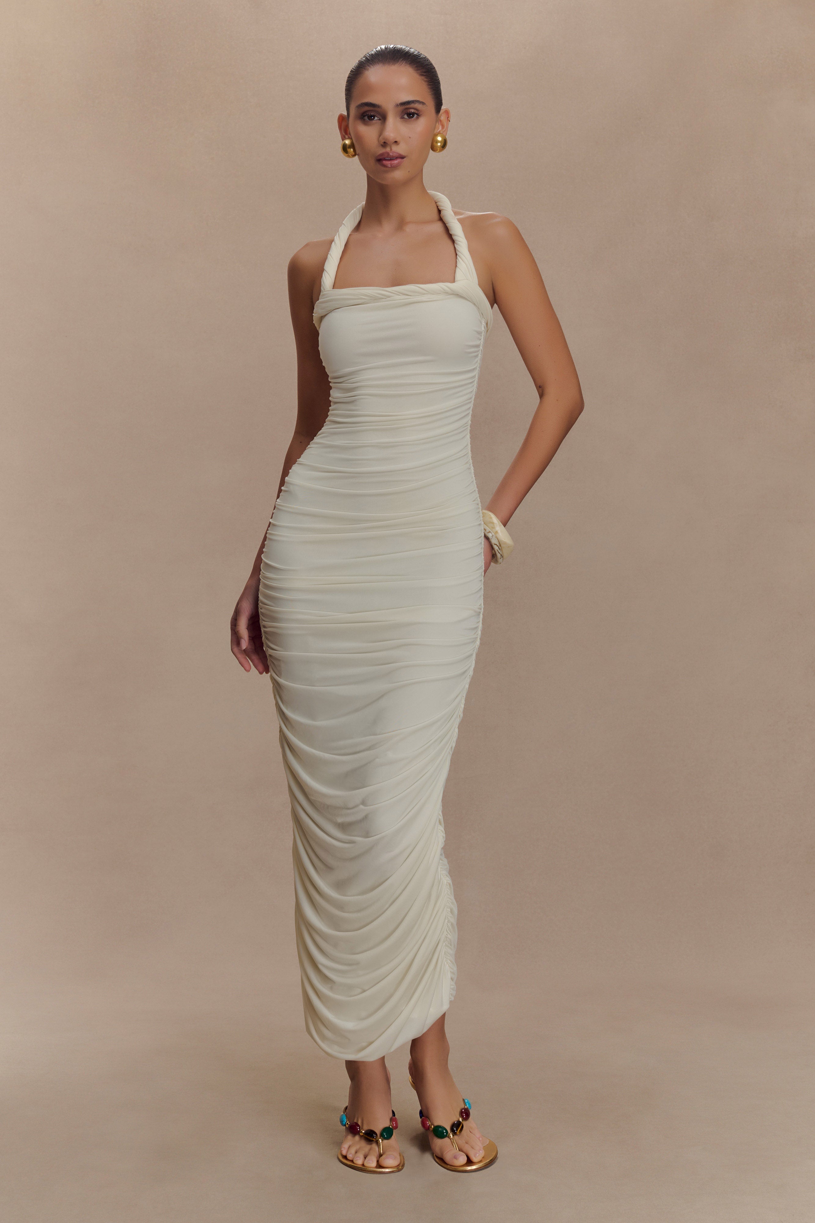 Camila Ruched Halter Midi Dress in Ivory – Chic&Drifts