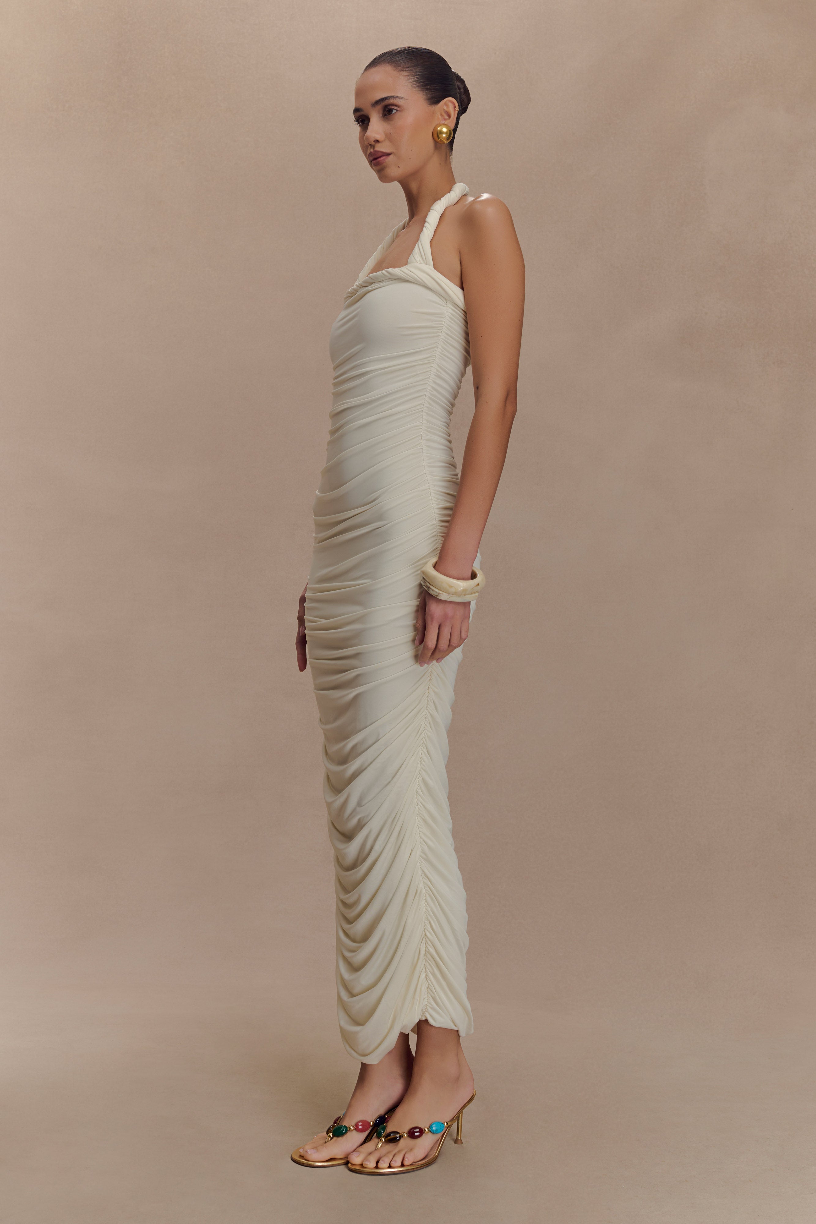 Camila Ruched Halter Midi Dress in Ivory – Chic&Drifts