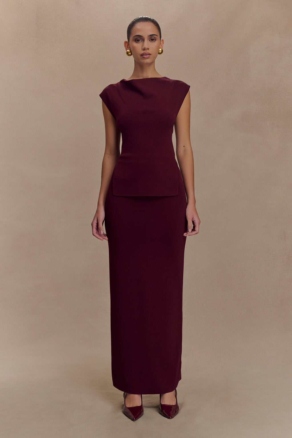 Francisca Mid Rise Knit Maxi Skirt in Merlot – Chic&Drifts