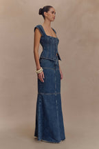 Loretta Denim Maxi Skirt in Washed Dark Blue – Chic&Drifts