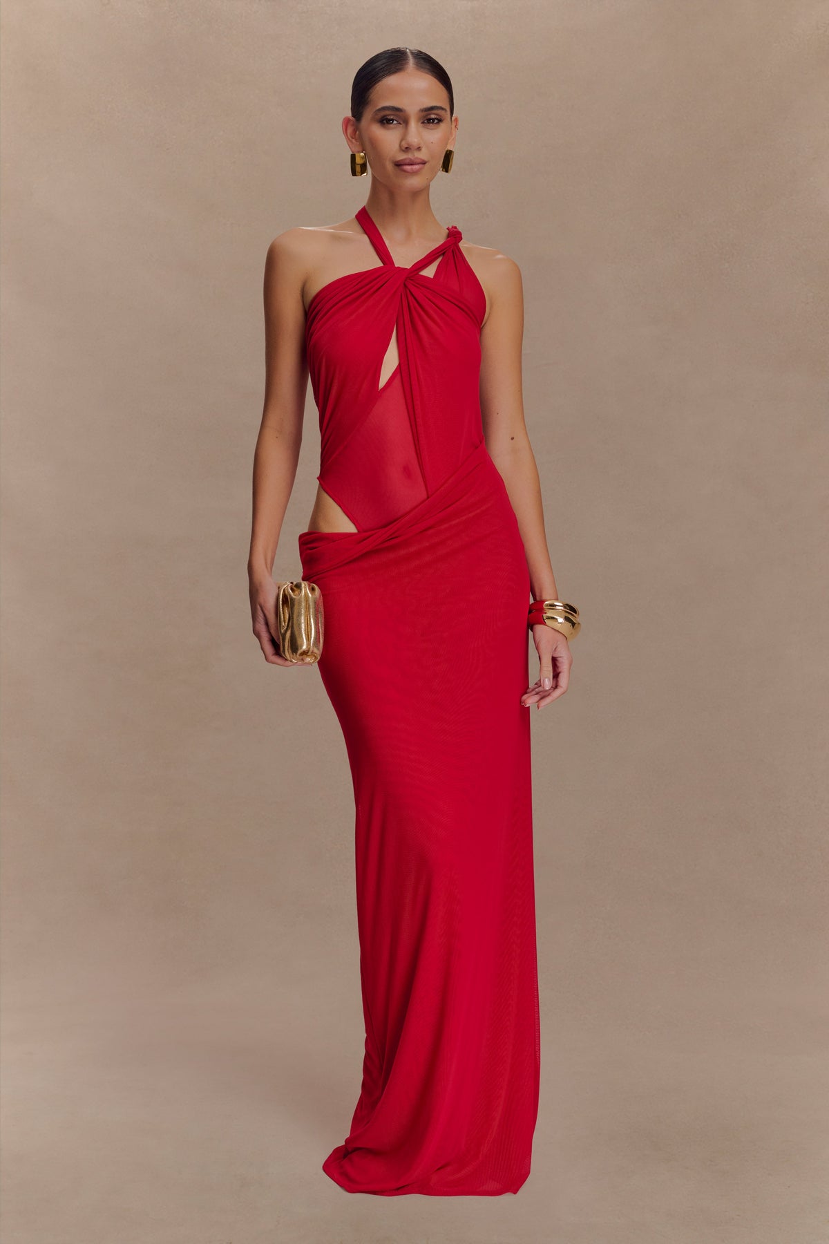 Edwina Knotted Mesh Maxi Dress in Mahogany – Chic&Drifts