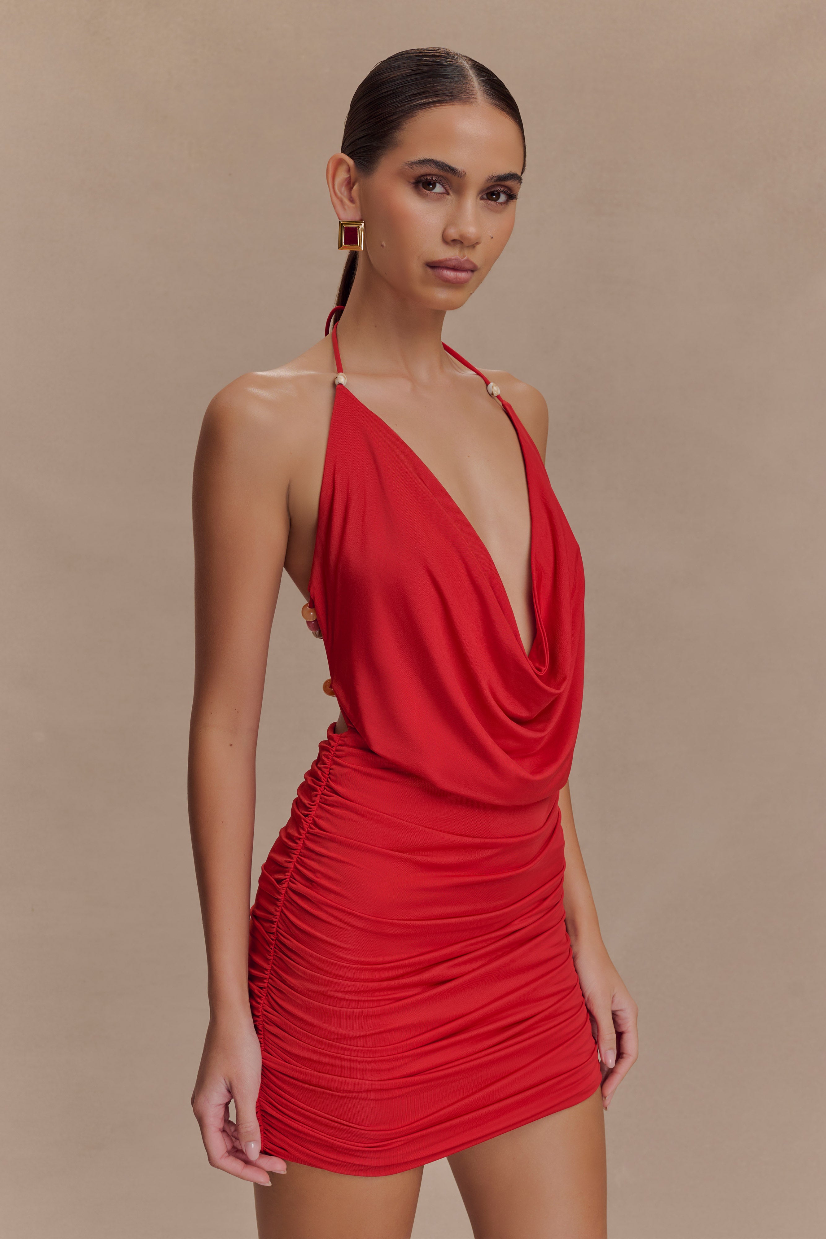 Astraeus Beaded Cowl Mini Dress in Desert Red – Chic&Drifts