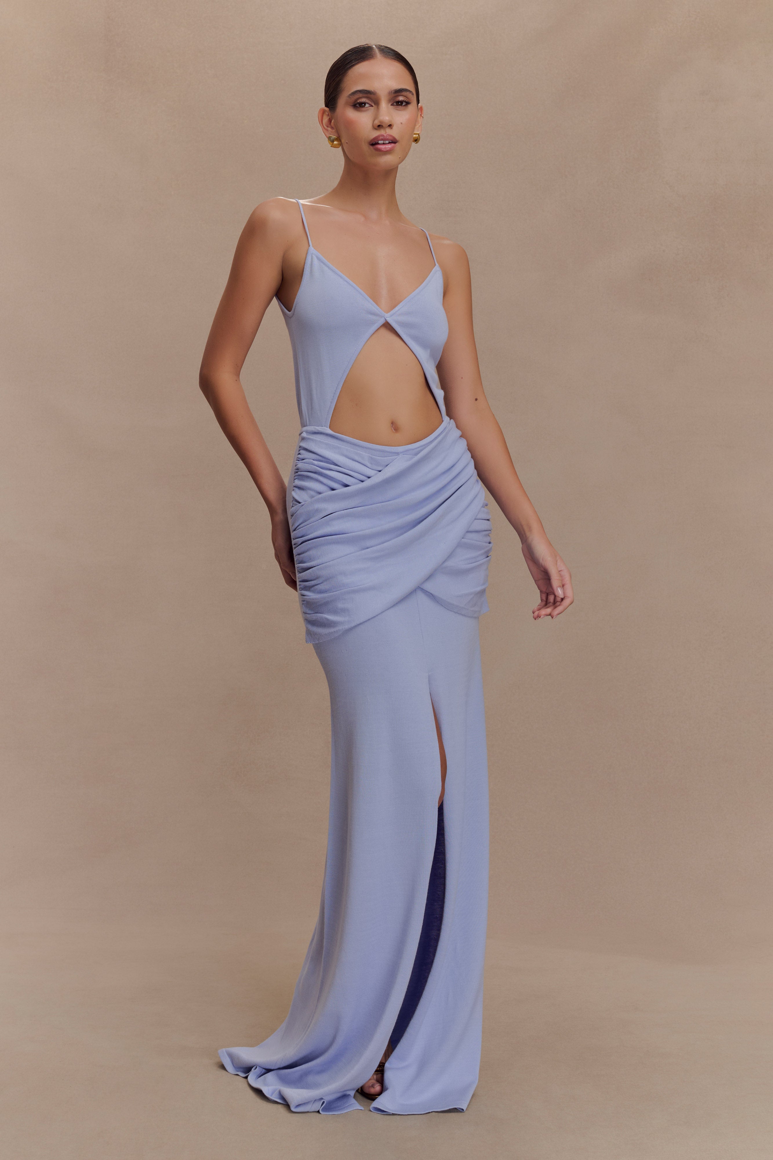 Reama Wrap Over Knit Maxi Dress in Cornflower Blue – Chic&Drifts
