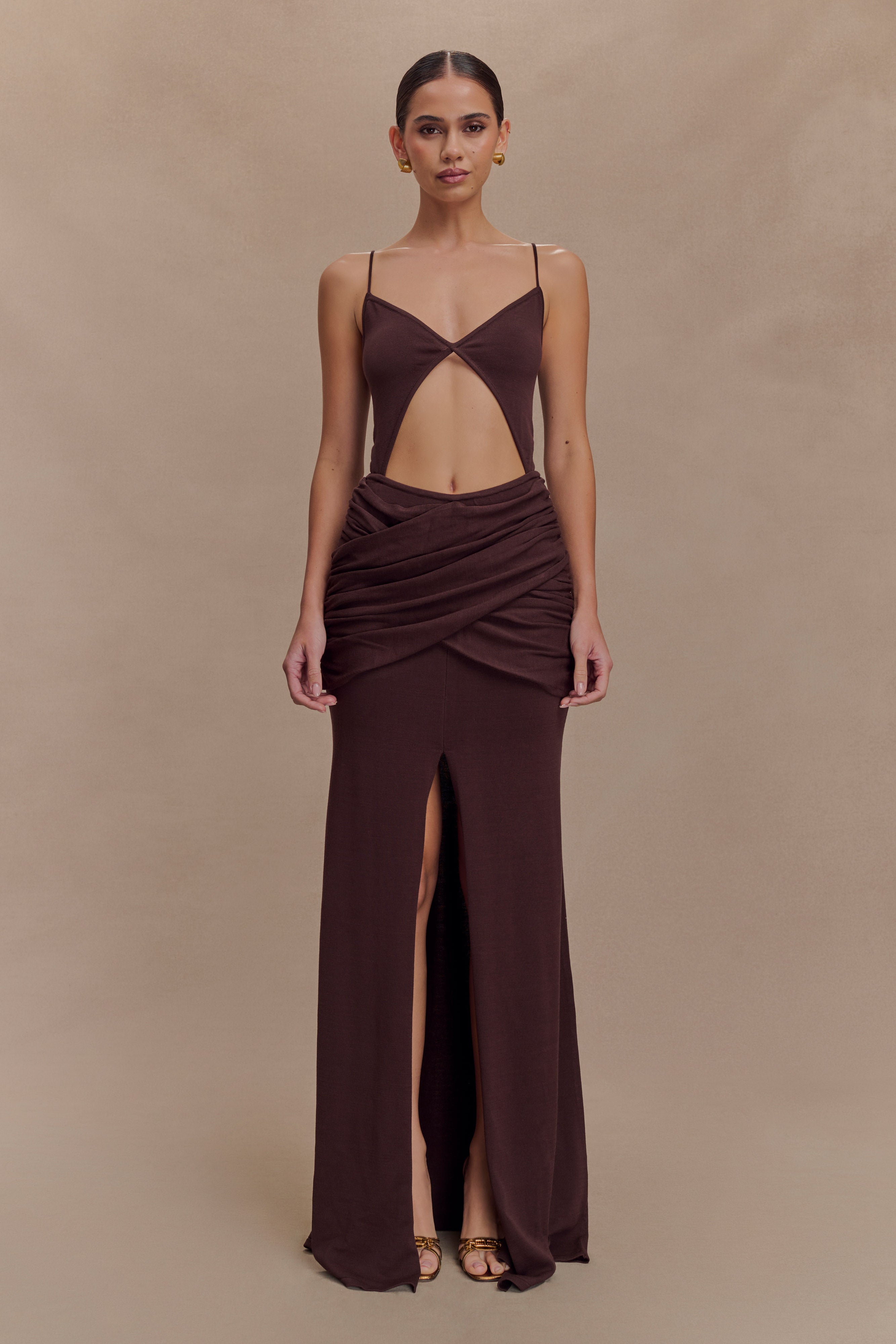 Reama Wrap Over Knit Maxi Dress in Chocolate – Chic&Drifts