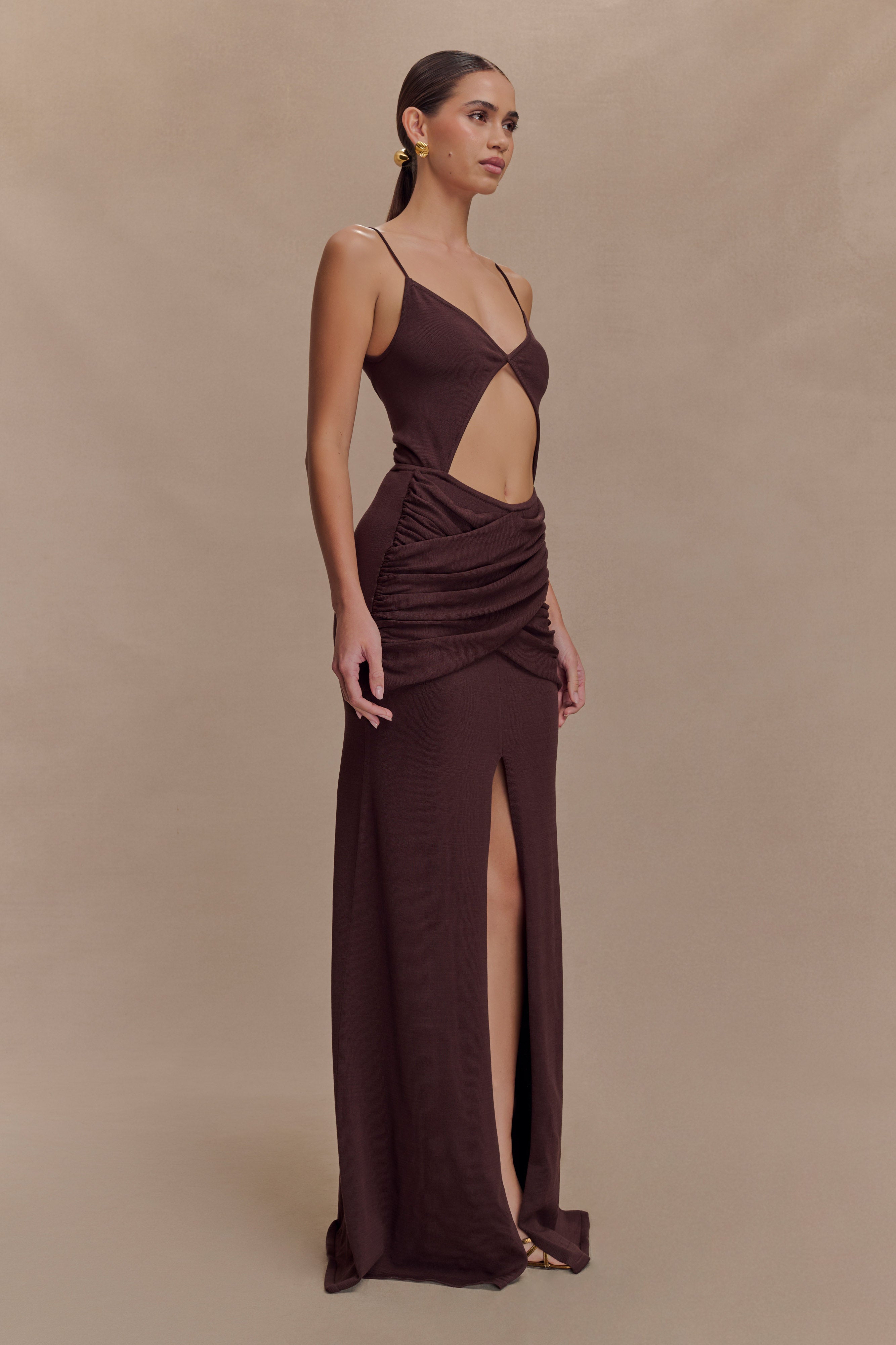 Reama Wrap Over Knit Maxi Dress in Chocolate – Chic&Drifts
