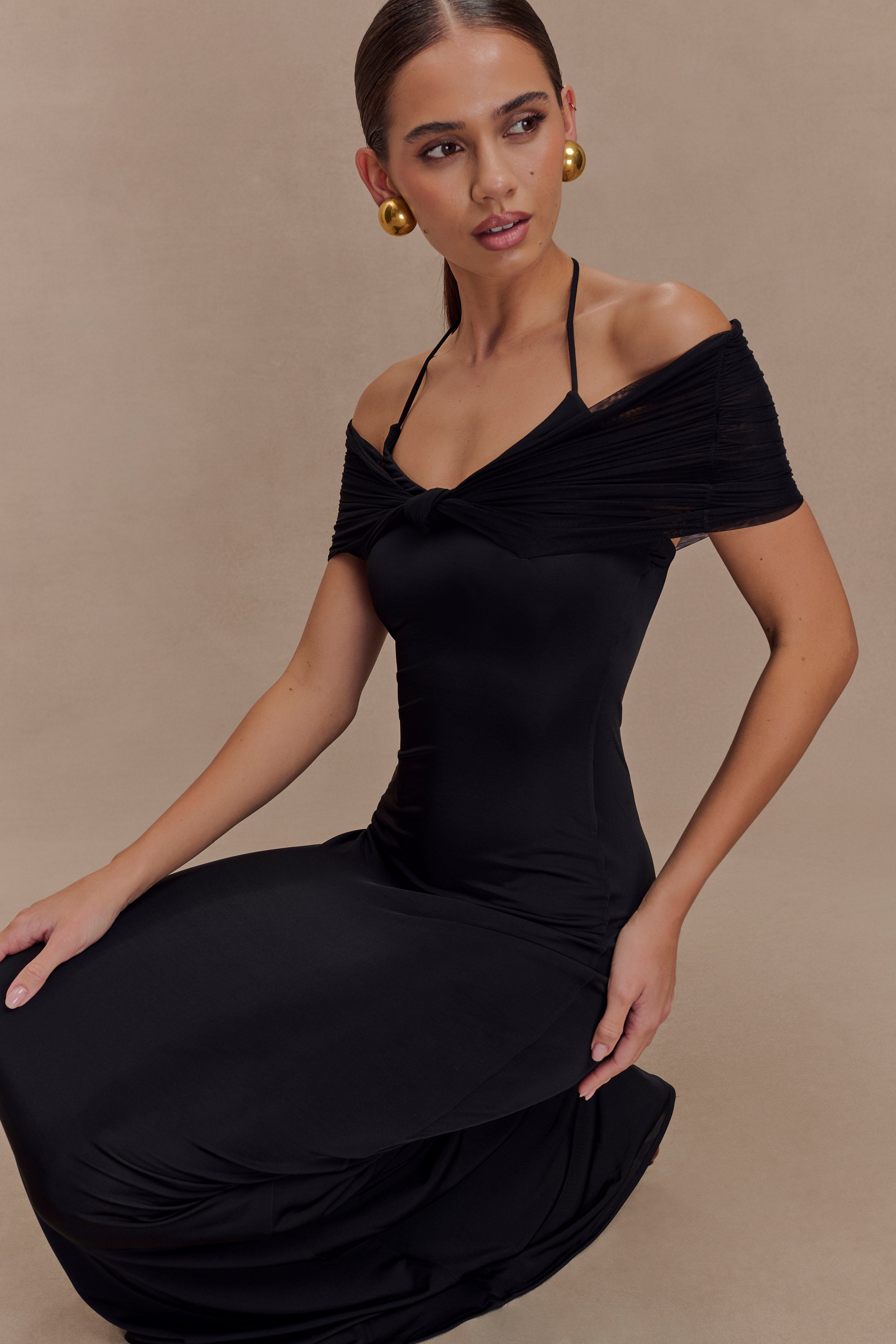 Bernadina Mesh And Slinky Halter Maxi Dress