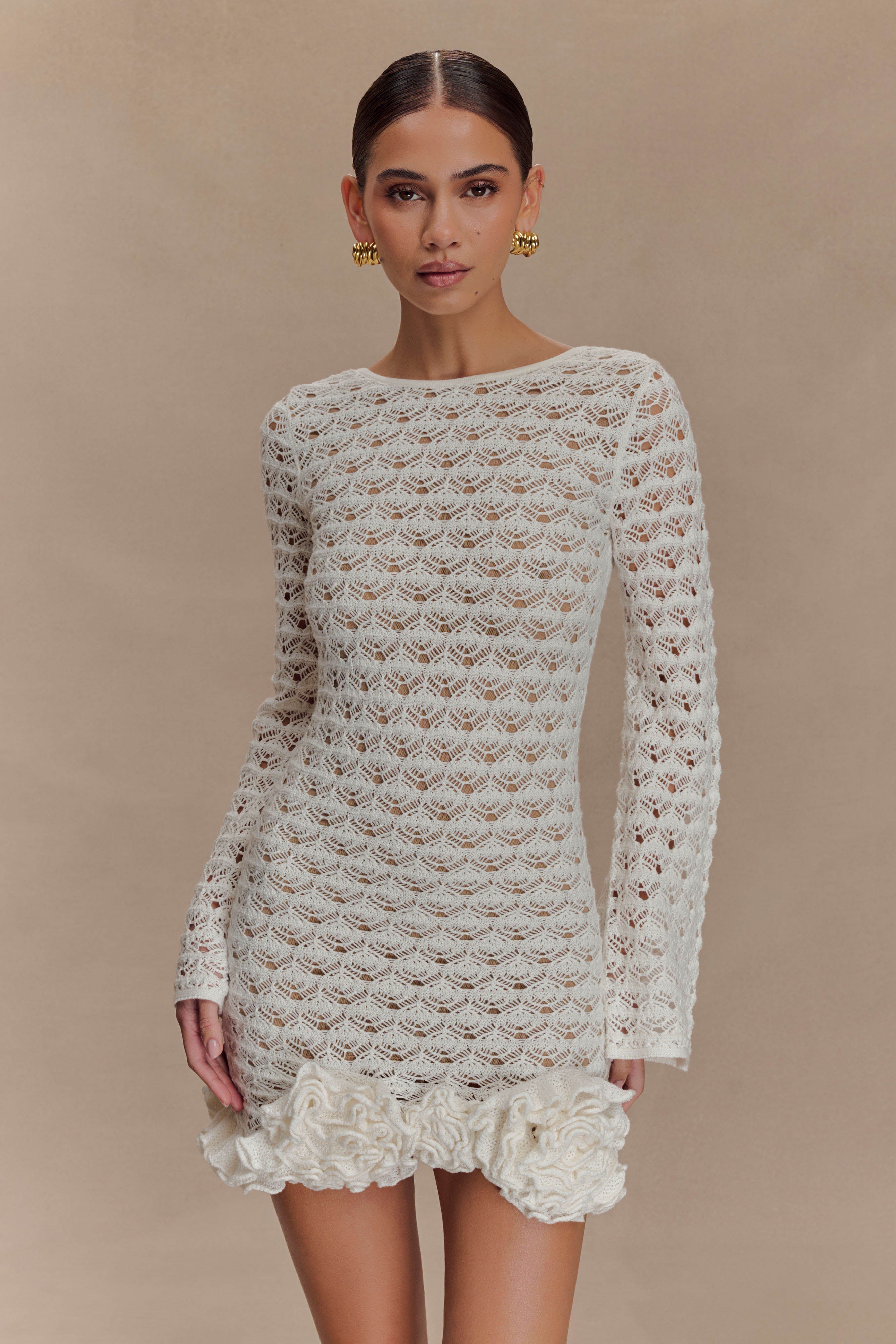 Aileen Ruffle Crochet Mini Dress in Ivory – Chic&Drifts
