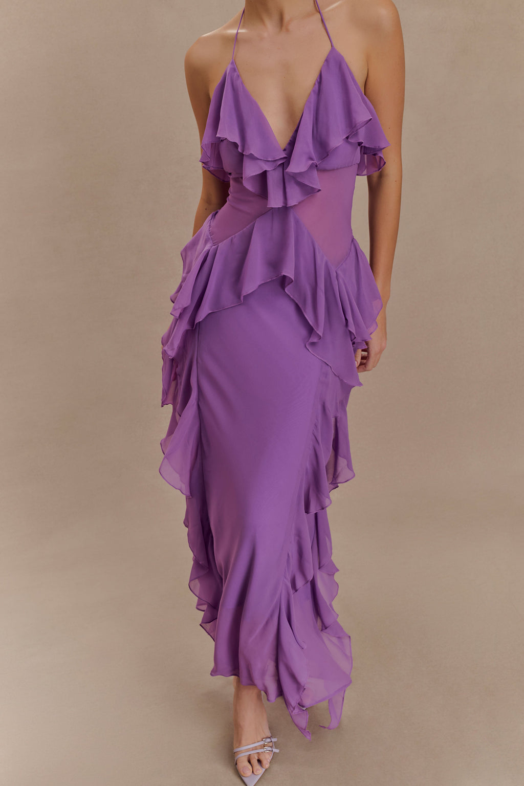 Aleyna Chiffon Ruffle Midi Dress in Purple – Chic&Drifts