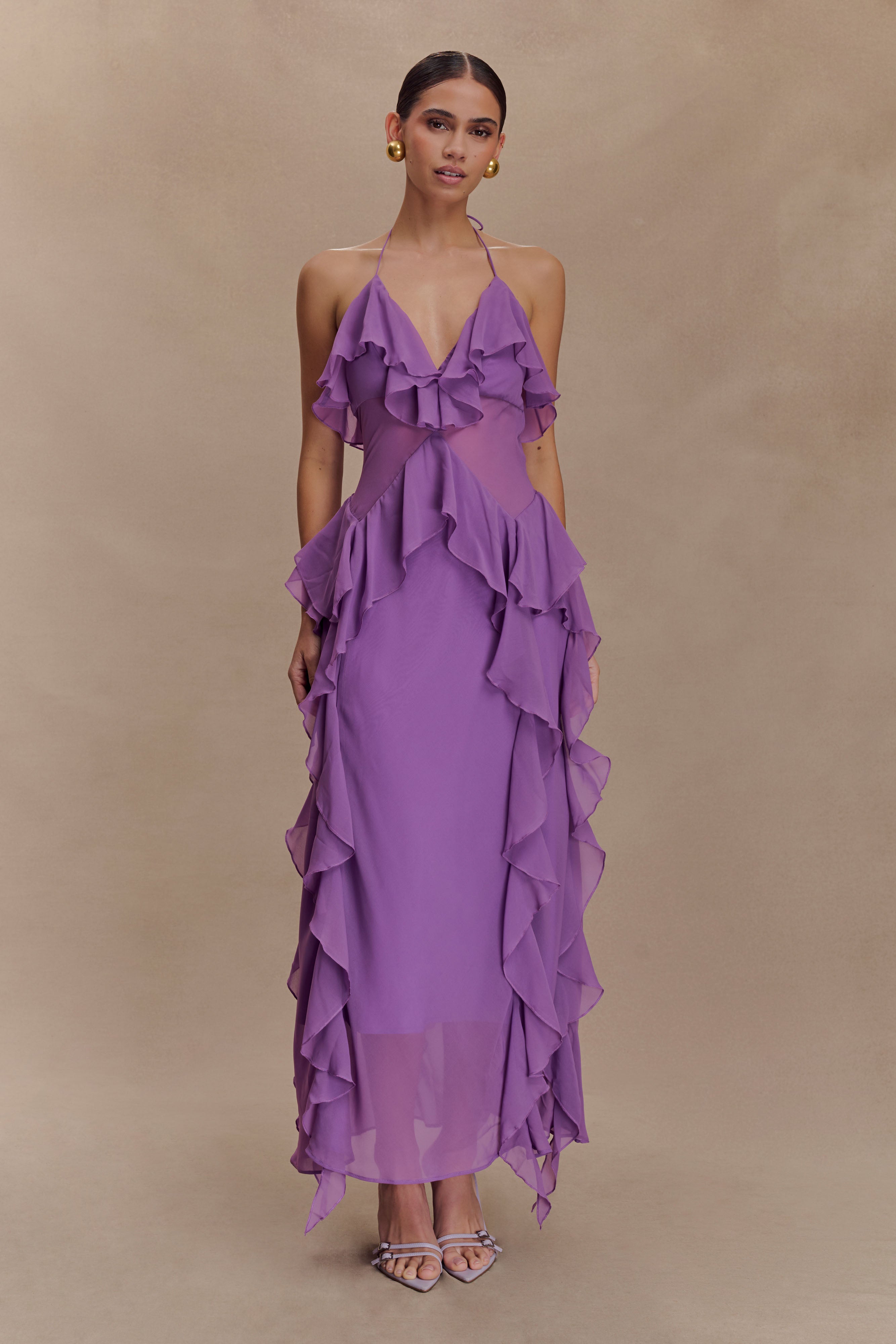 Aleyna Chiffon Ruffle Midi Dress in Purple – Chic&Drifts